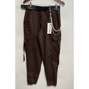 Retro Y2K Cargo Pants W/ belt & Chains Large Mocha Brown Skater Grunge Festival